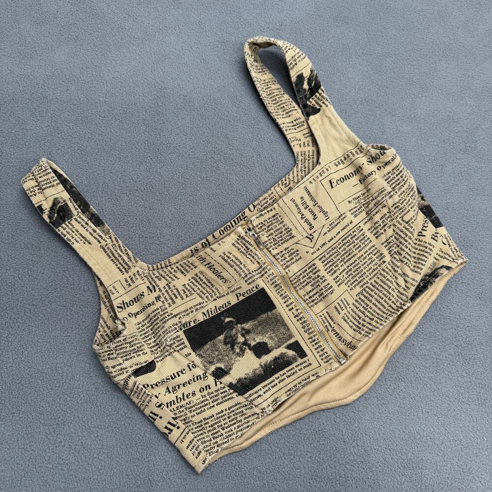 Isalis Newspaper Denim Bustier Crop Top Womens S Tan Square Neck Tank Retro - Picture 3 of 9